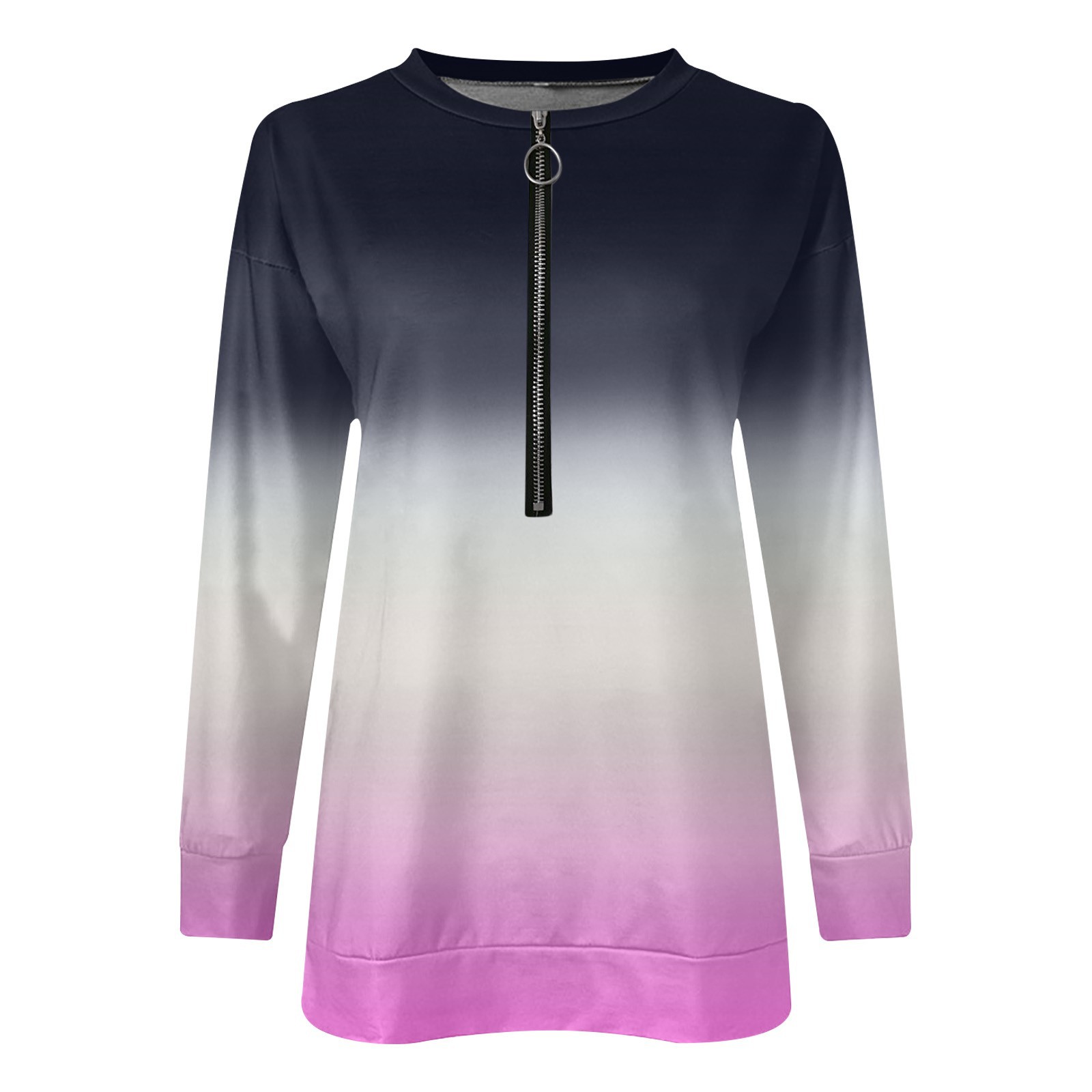 Women's Gradient Round Neck Long Sleeve Sweatshirt With Zipper_voghion.com