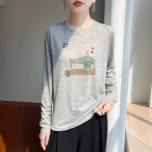跨境秋冬新款复古缝纫机印花 卡通风格长袖T恤 圆领文艺女装 厂家