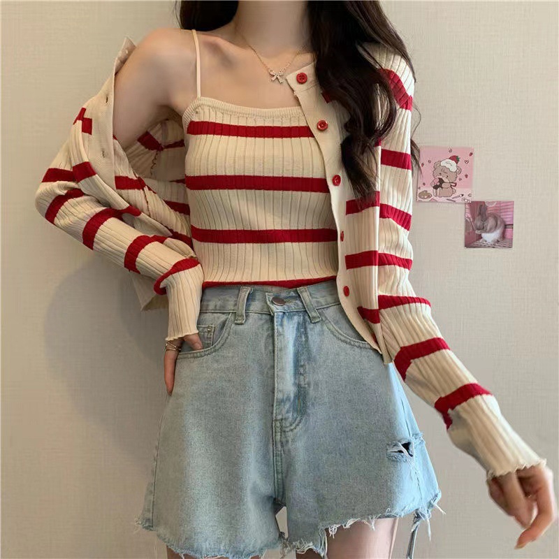 81g Weight Long Sleeve Sleeve Length Single Breasted Placket Type Ice Silk, Polyester Fabric Type Short Top Length Knitwear Tops Type Daily Occasion Round Neck Neckline Slim Fit Type Stripe Pattern Spring, Autumn Season Women's Gender Casual Style Wholesale Women's Ice Silk Polyester Casual Stripe Long Sleeve Sweaters & Cardigans 6