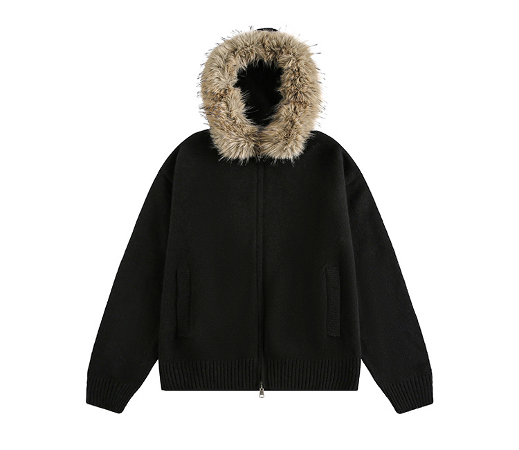 "Retro Detachable Faux Fur Collar Cardigan – Unisex Hooded Sweater Coat (Flower Gray/Black/Bluish/Apricot, S-XXL)"_viptrois.com