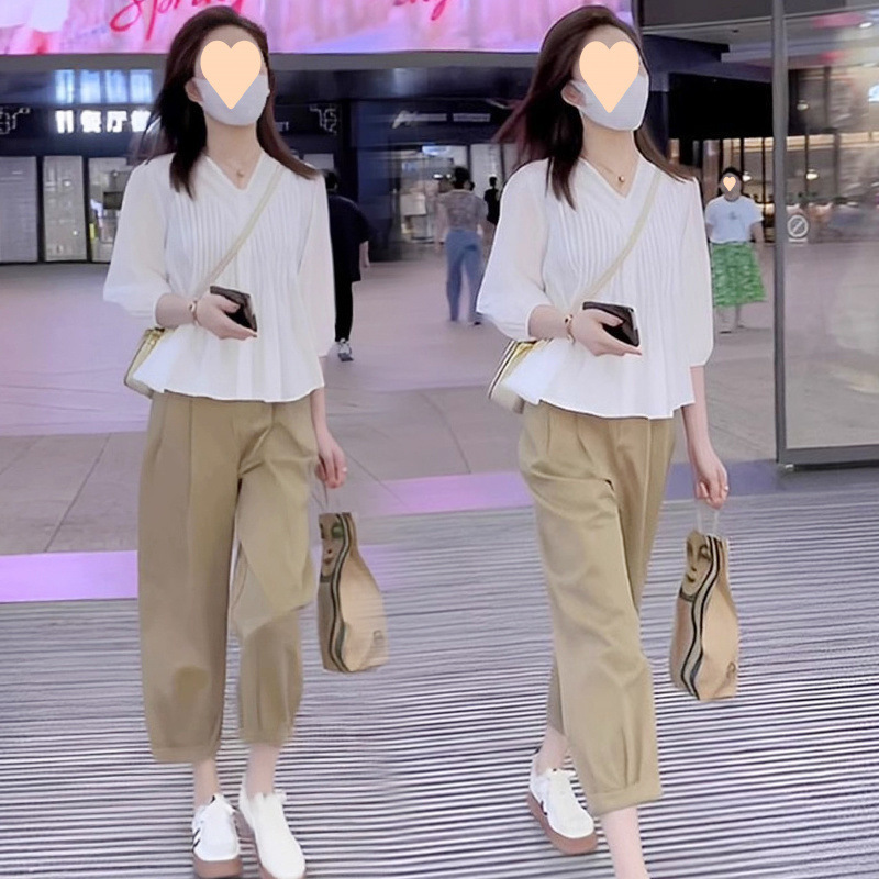 Spring and Summer New Fashion Suit for Women 2025 Light Luxury High-End Age-Reducing Shirt Loose Slimming Nine-Point Pants Two-Piece Set Spring and Summer New Fashion Suit for Women 2025 Light Luxury High-End Age-Reducing Shirt Loose Slimming Nine-Point Pants Two-Piece Set