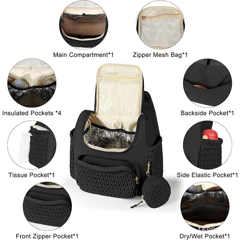 Nueva bolsa de pañales mochila multifuncional bolsa de pañales de quilting con almohadilla de pañales caja de tetas y cinturón de cochecito de bebé
