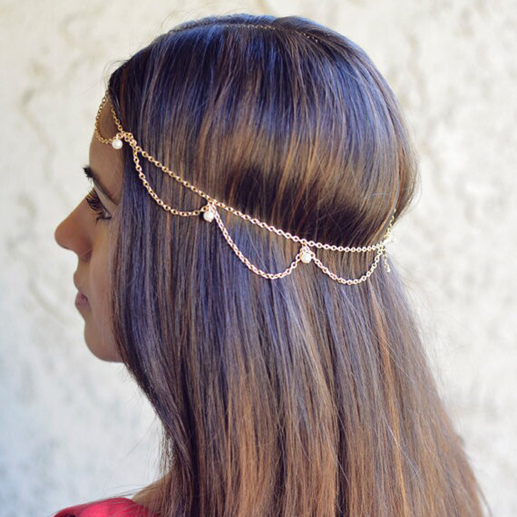 European and American Cross-Border Popular Tassel Bridal Hair Chain Fashion New Design Imitation Pearl Pendant Simple Head Chain Headdress