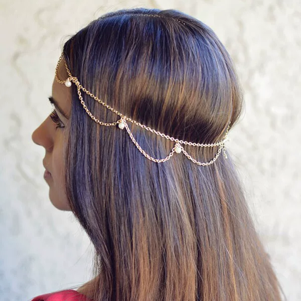 European and American Cross-Border Popular Tassel Bridal Hair Chain Fashion New Design Imitation Pearl Pendant Simple Head Chain Headdress