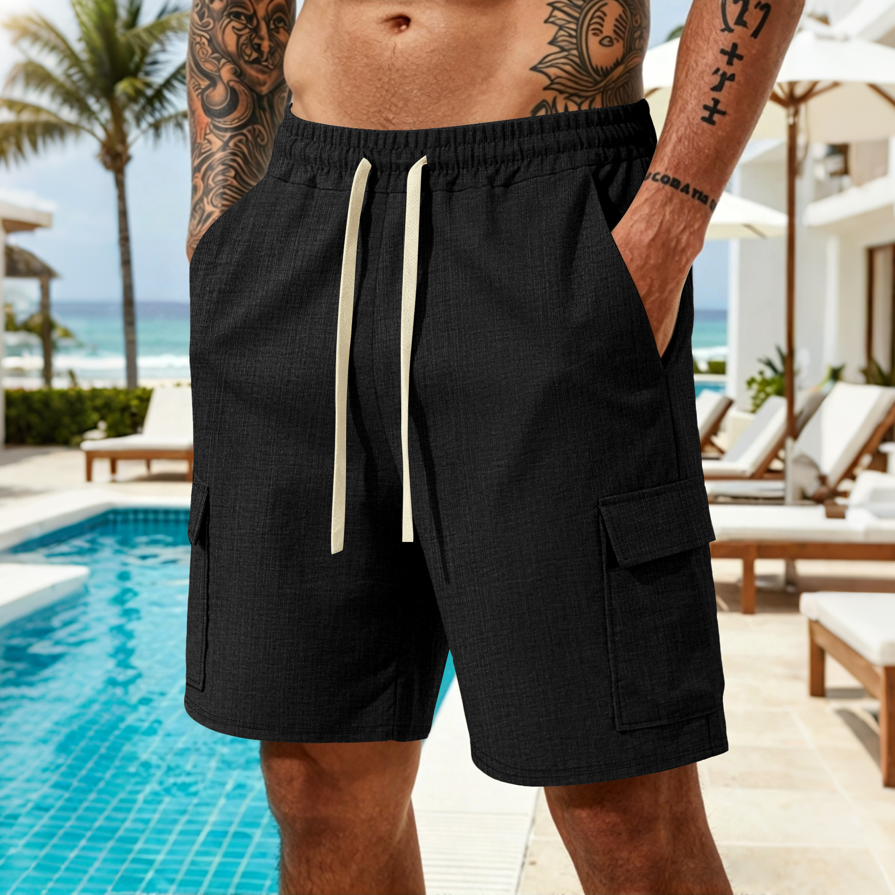 Men's Clothing Men's Retro Multi Pocket Cargo Shorts Casual Loose Fit Drawstring Sports Shorts For Formal & Casual_viptrois.com