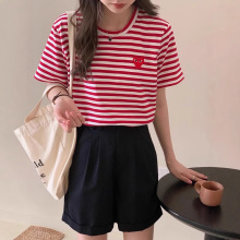情侣款潮牌刺绣爱心条纹短袖t恤女纯棉打底经典拼色2025春夏T恤衫