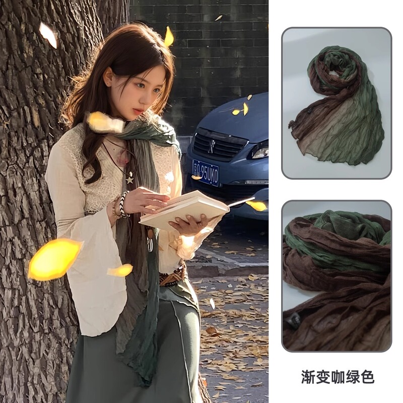 女性用レトロコットンとリネンスカーフ、春と夏、薄い、芸術的なブラウン、ヴィンテージ、プリーツ、日焼け止め、ストリップシルクスカーフ、ネック周りの雰囲気|undefined