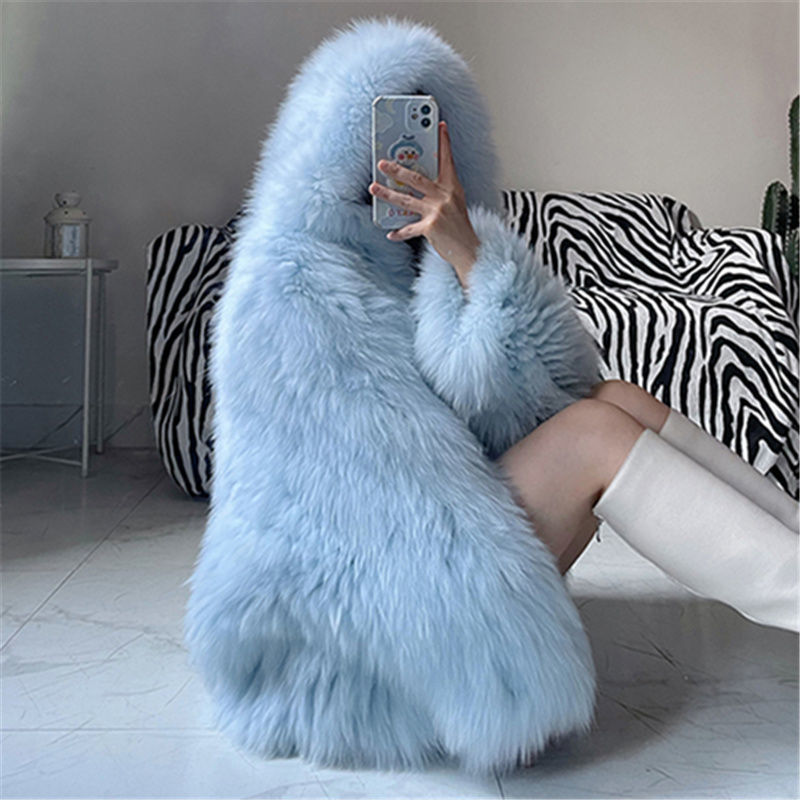 2025 New Imitation Fox Fur Braided Hooded Bat Sleeve Long Sleeve Slim Fit Imitation Fur Jacket for Women
