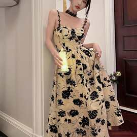 【带胸垫】欧美站跨境轻熟风吊带裙女装夏季碎花纯欲风无袖连衣裙