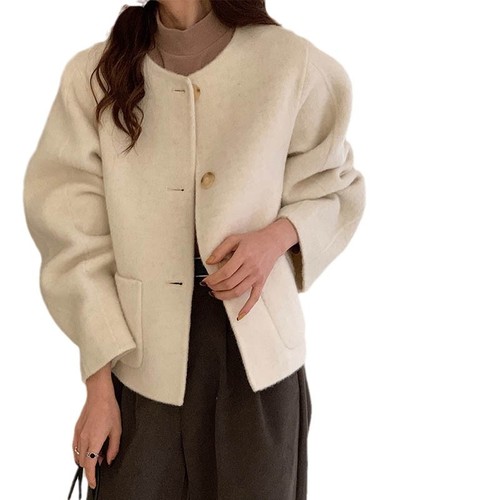 Supply of women's casual loose short cut herringbone wool overcoat Korean style autumn winter double faced wool coat