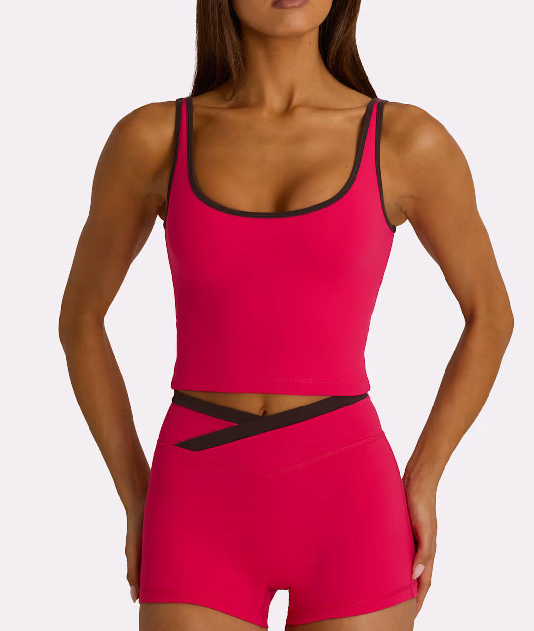 Europa y los Estados Unidos rápidamente seco transpirable color contraste diseño de borde cintura alta abdominal cruzado pantalones de ciclismo entrenamiento para correr conjunto de fitness