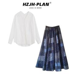 日系休闲度假风时尚套装防晒罩衫上衣女小众印花半身裙