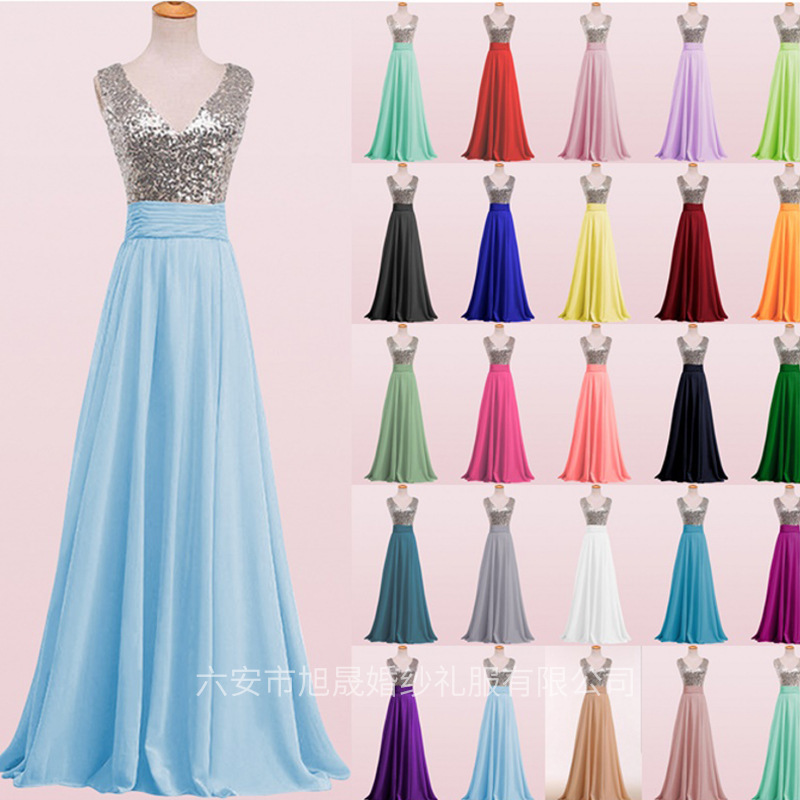 European and American Evening Dress Women's Long Bridesmaid Dress Chiffon Sequins Ball Dress V-Neck Double Shoulder Evening Dress