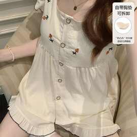 夏季睡衣女生短袖短裤带胸垫两件套套装云朵棉甜美卡通家居服爆款