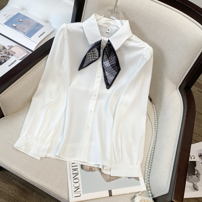 Real shot spot spring new Korean style tie western style bow chiffon shirt long sleeve shirt women's top professional