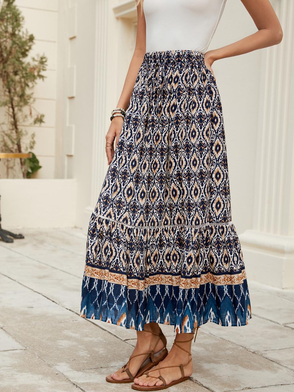 Bohemian European American Style Rayon Printed A-line Midi Skirt Vacation, Beach, And Seaside, With A Large Hemline For_ecoleips.com