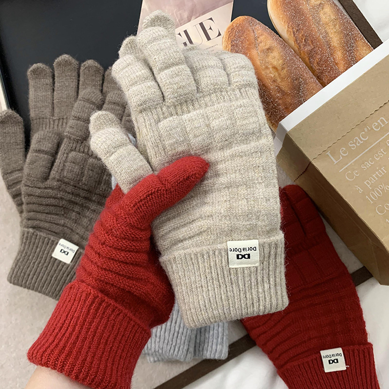 Guantes de punto de invierno nuevos guantes de montar de cinco dedos de color sólido de waffle caliente coreano