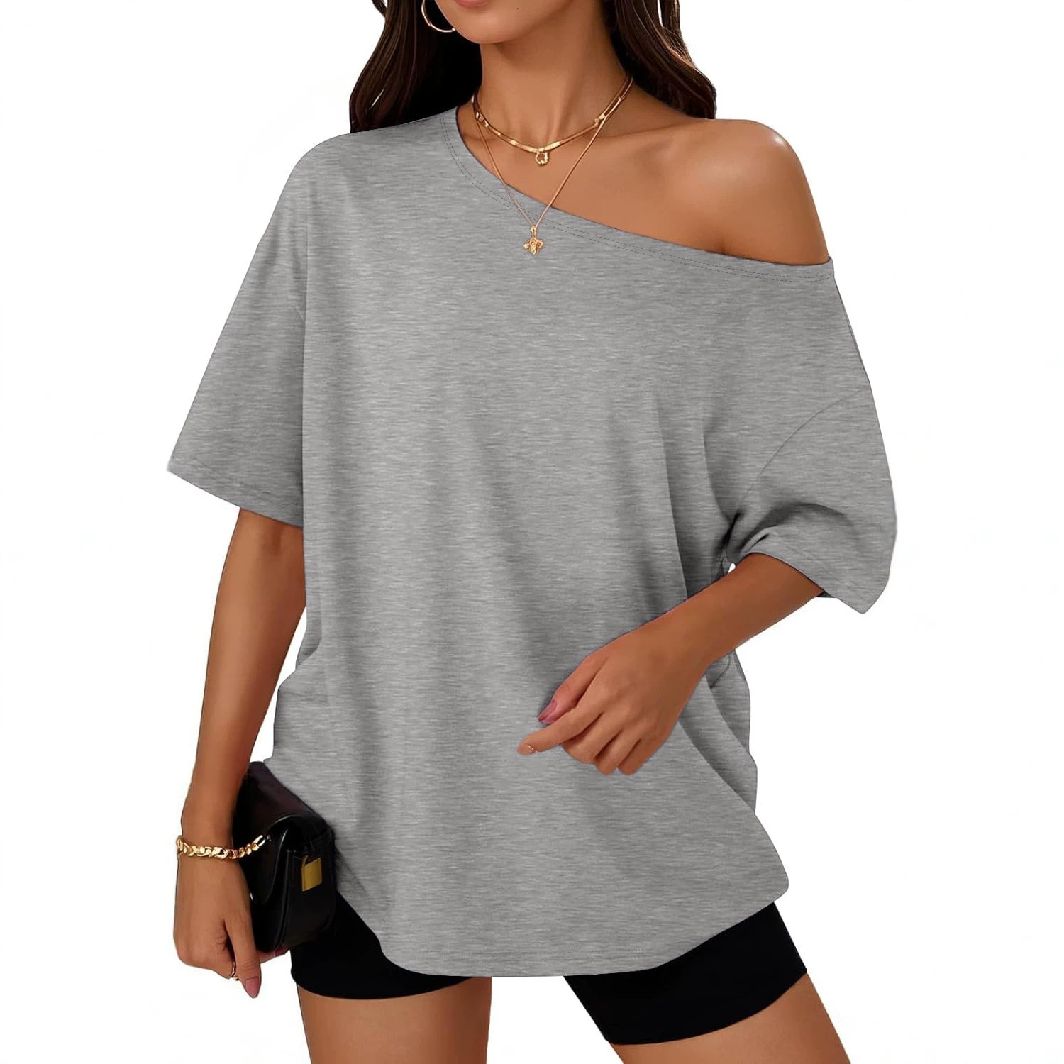 Women's Clothing Women's Y2K Loose Off-Shoulder Top Design Fashion T-Shirt For Formal & Casual For Women Solid Color_ecoleips.com