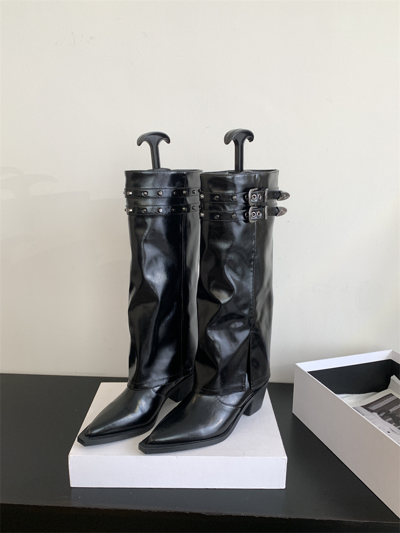 Autunno/Inverno 2024 Nuova Edizione Coreana Cintura a Punta Fibbia Tacco Spesso Tacchi Alti Lunghi Pantaloni Moda Stivali Alti Sopra il Ginocchio_voghion.com