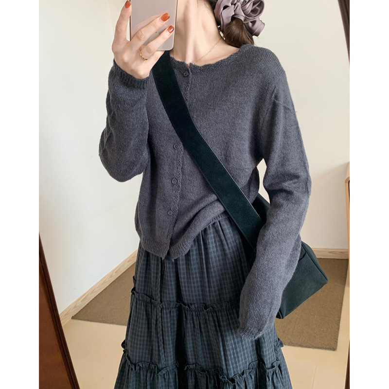 松弛感早秋新款木耳边糖果色针织衫女韩系纯色温柔马海毛毛衣开衫|undefined