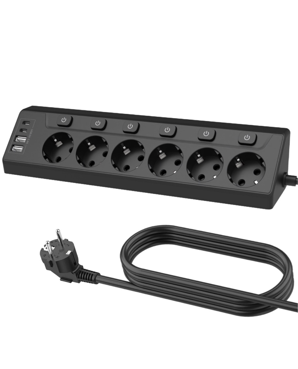 欧规USB排插独立开关家用智能插座插板线6孔大功率跨境欧式插排角