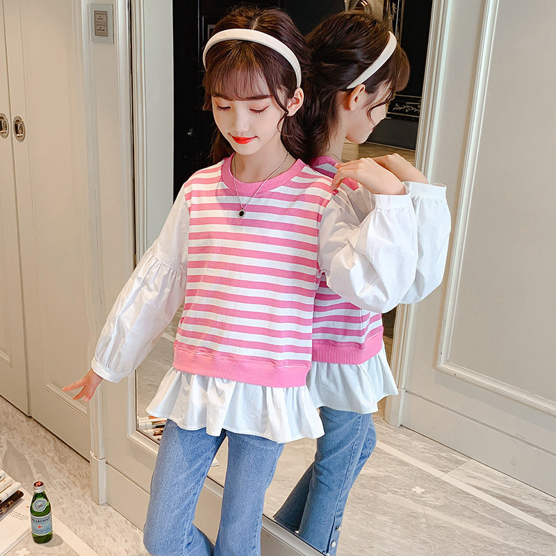2021 new pattern girl stripe Mosaic puff sleeve Sweater Korean Edition Western style girl T-shirts Easy False two jacket