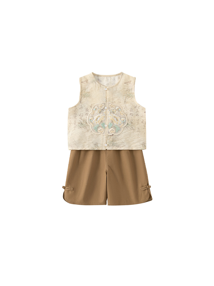 Youbao ropa para niños verano niño estilo nacional bordado chaleco sin mangas color sólido hebilla pantalones cortos de dos piezas nuevo traje chino