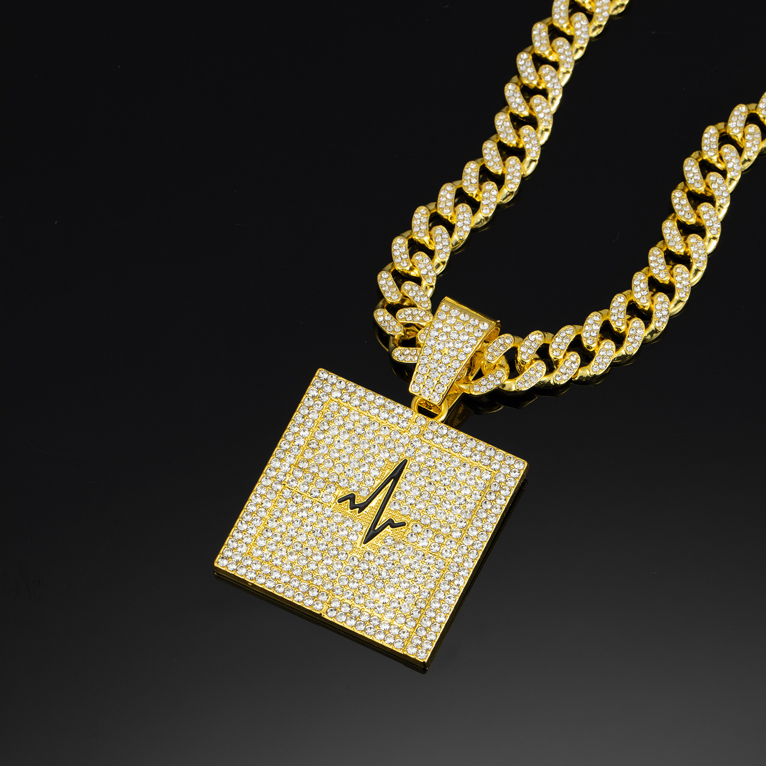 New Square Plate ECG Pendant Alloy Full Diamond Cuban Link Chain Hip Hop Style Trendy Men's Jewelry  Price display picture 5