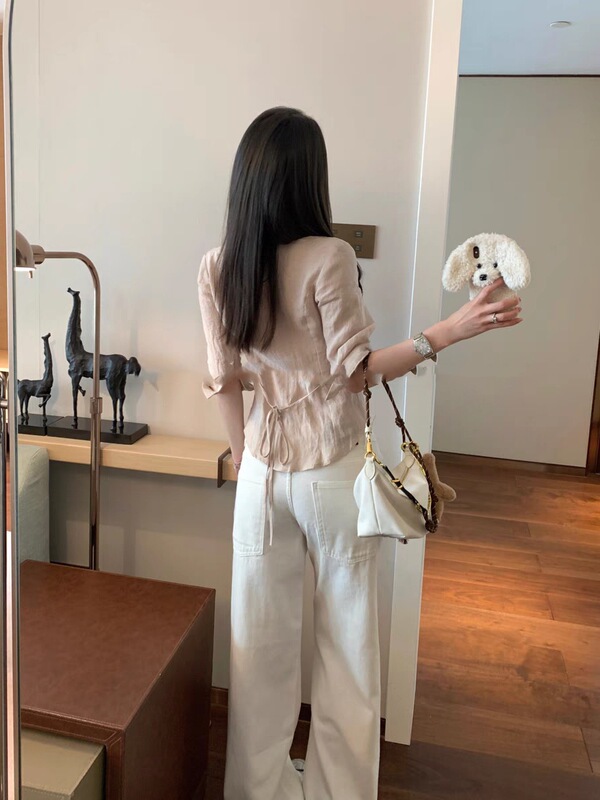 100リネンミッドスリーブレースアップウエストシャツ女性用、芸術的な気質、ダブルポケットショートトップ|undefined