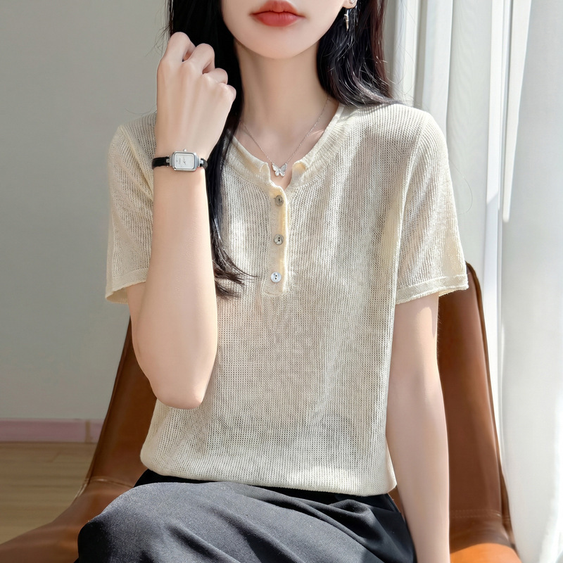 2026 Spring/Summer New High-End Women's Tencel Linen Rolled Edge V-Neck Knit Short Sleeve Solid Color Base Shirt T-Shirt