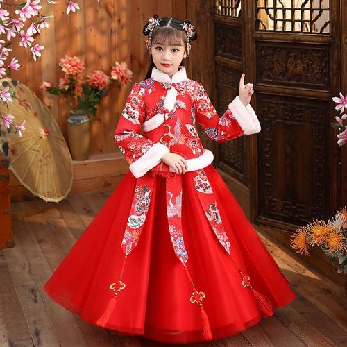 Kids pink Hanfu girls winter children chinese folk fairy princess dress New Year tang suits winter of princess dress model