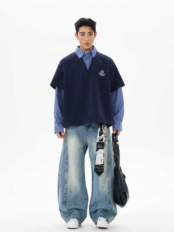 2025レトロな学院風の偽の2つのシャツの男女の春の潮のブランドのゆったりしているカップルの長袖のパーカーのコート|undefined