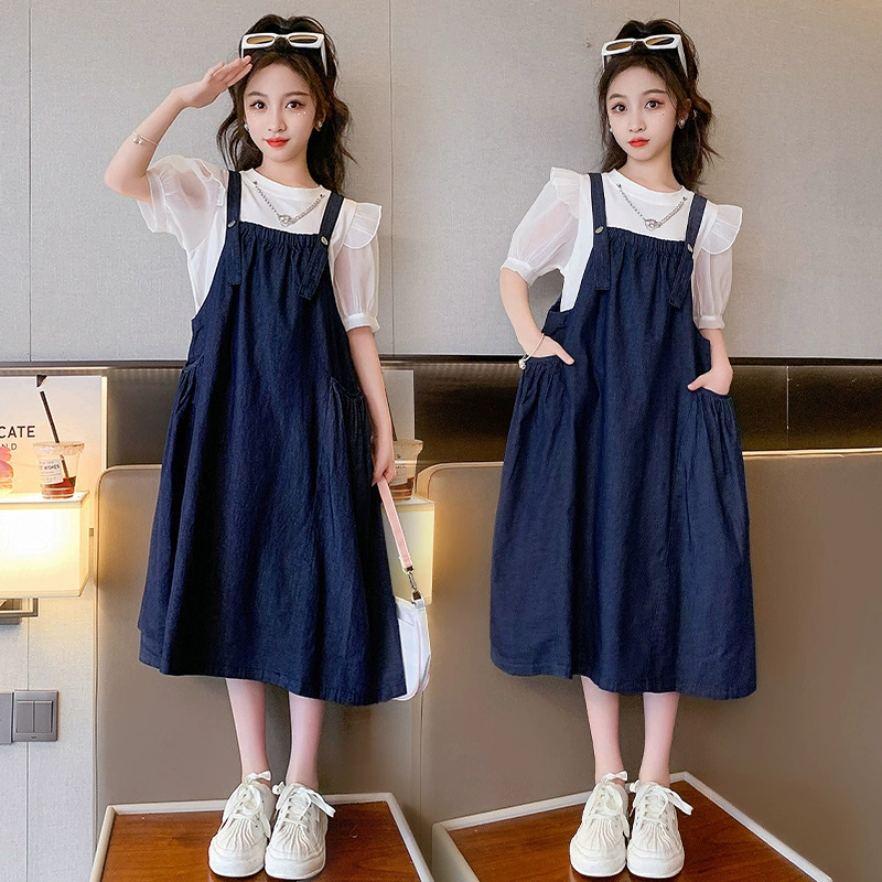 Summer children's set, thin shiffon denim summer dress for leisure for princess, for teenagers