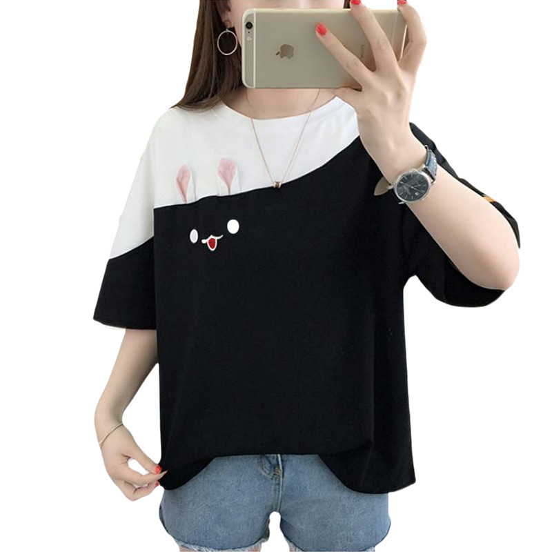 2023 verano nuevo conejo bordado estilo coreano color coincidencia camiseta estudiante superior suelta manga corta ropa de mujer tienda de una sola pieza image 7