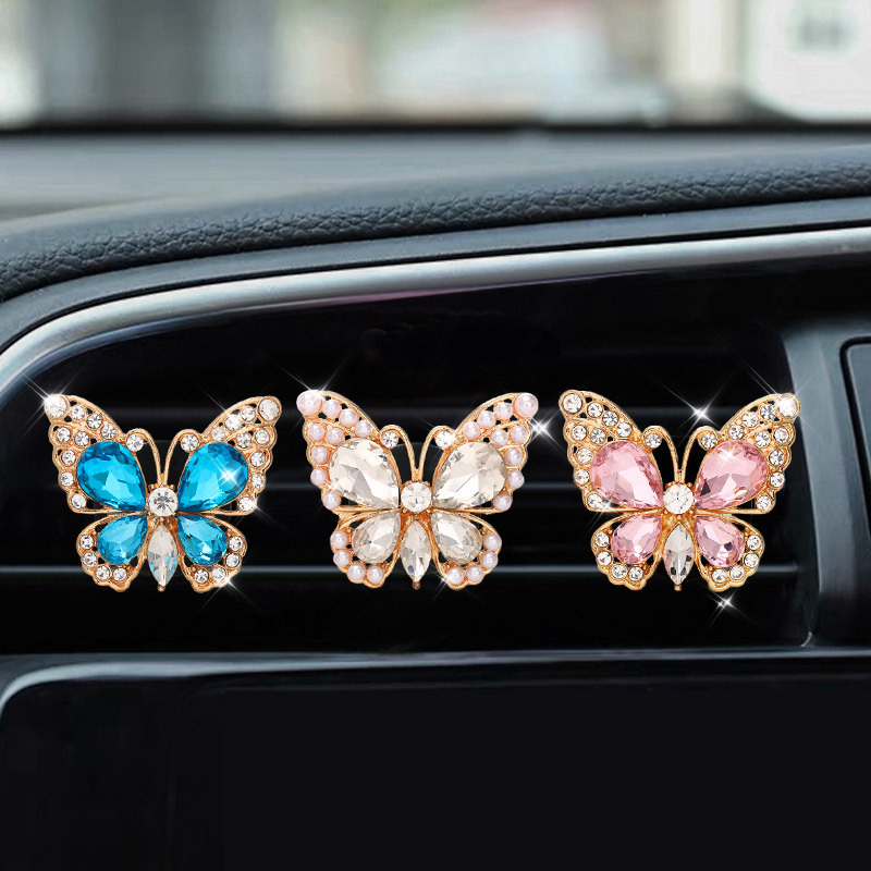 蝴蝶汽车出风口香薰镶钻水晶车载装饰创意可爱车内饰品香水夹摆件