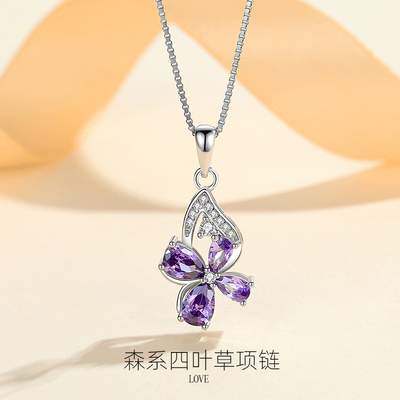 Plata esterlina s925 suerte trébol collar europeo y americano Luz de lujo nuevo púrpura transfronteriza clavícula cadena colgante fábrica al por mayor