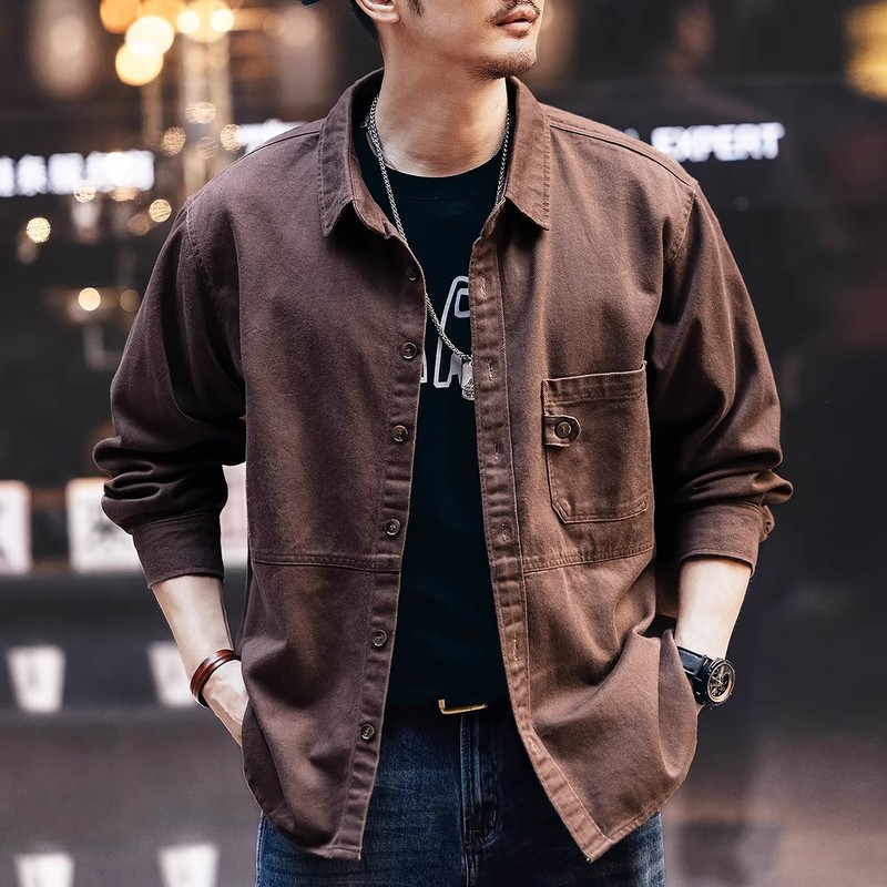 American High-End Retro Mercerized Work Shirt Men's Autumn and Winter Trendy Brand Loose Ami Khaki Jacket Men's Jacket