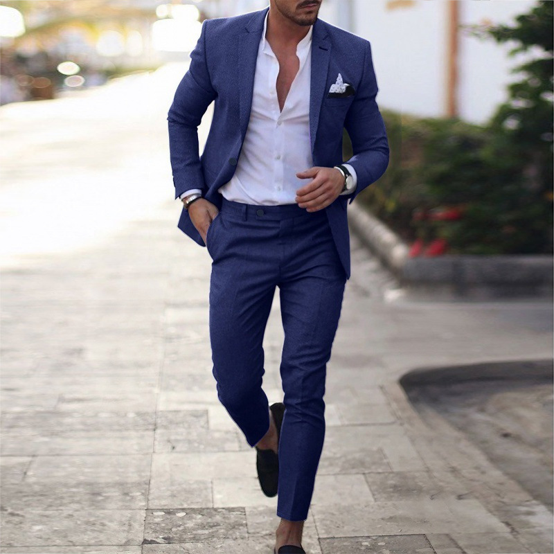Foreign Trade Linen New Men's Large Size Suit Flat Lapel Collar Two-Piece Set Single Row One Button Cross-Border Suit Sufficient Delivery