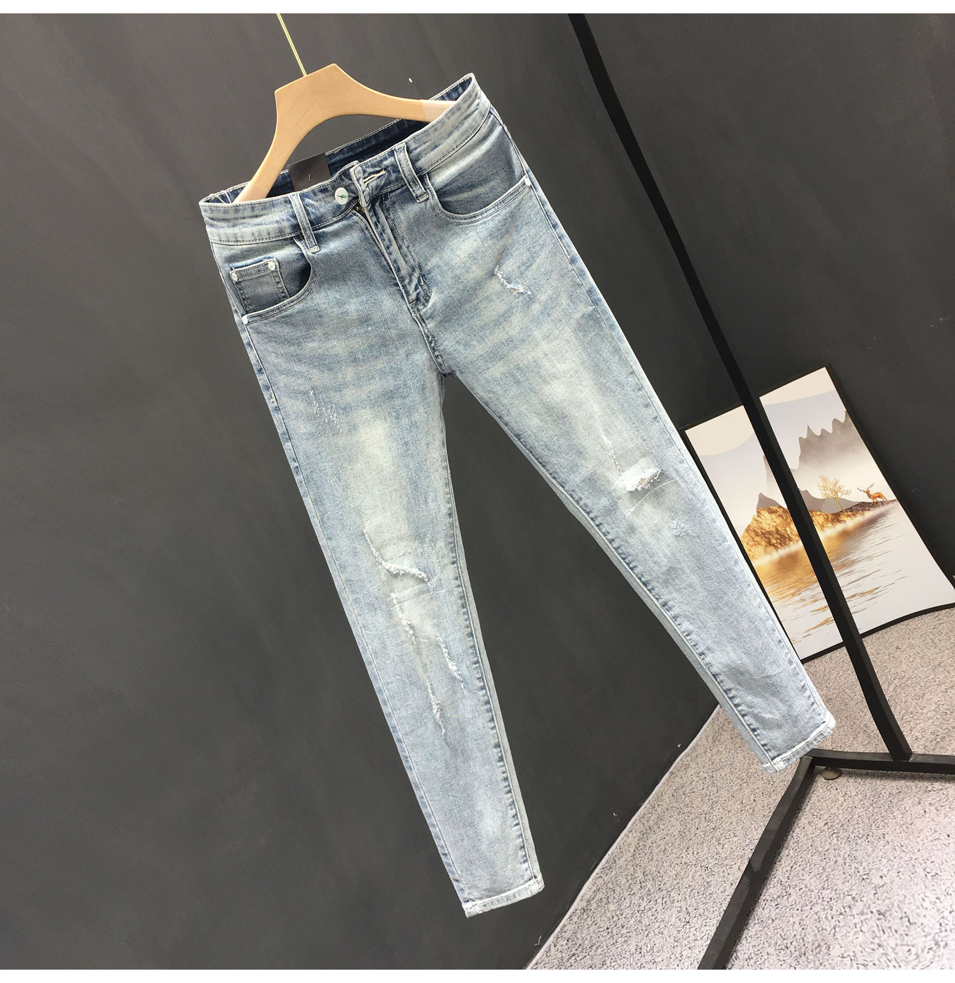 Men's Clothing Summer heavy wash retro distressed ripped jeans men's trendy brand handsome scraped slim fit skinny nine point pants_voghion.com