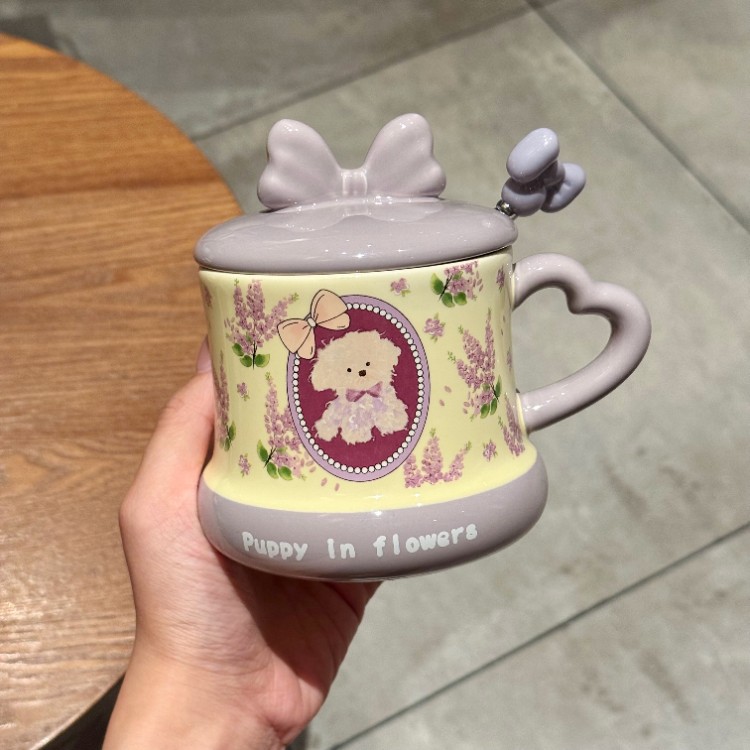 Taza de agua de alta belleza para niñas taza de cerámica con cubierta cucharada hermosa taza de agua de bebida de oficina taza de café de desayuno