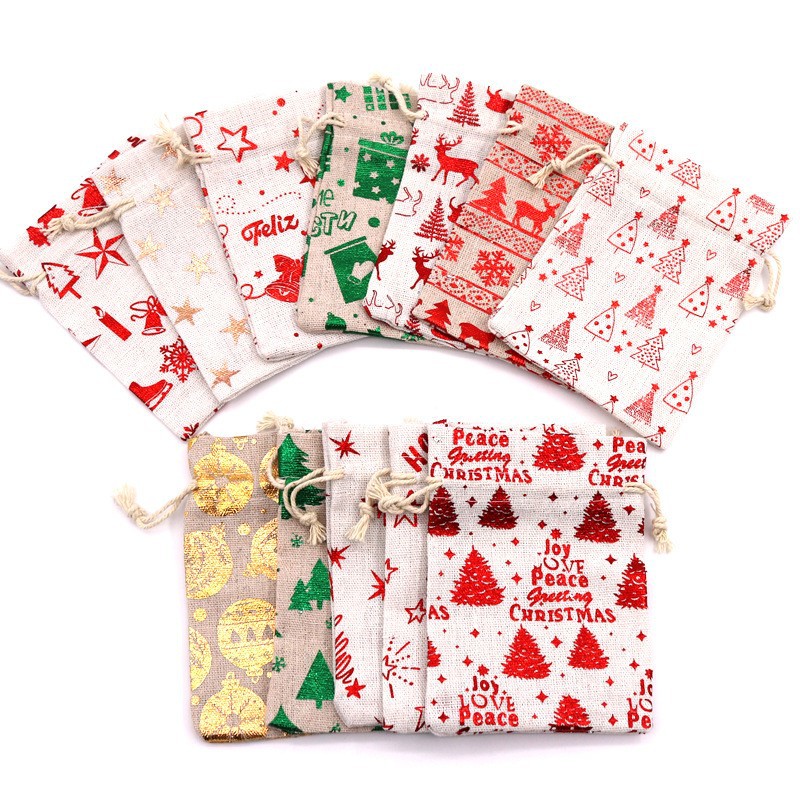 Cross-Border New Christmas Gift Bag Hot Stamping Cotton Bag Drawstring Drawstring Packaging Bag Candy Gift Bag Wholesale