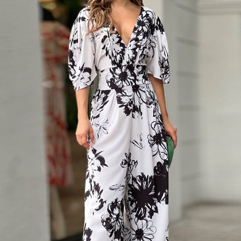 Mono elegante de manga murciélago con estampado holgado y cintura alta para mujer, nueva colección primavera-verano 2025 de comercio exterior transfronterizo.