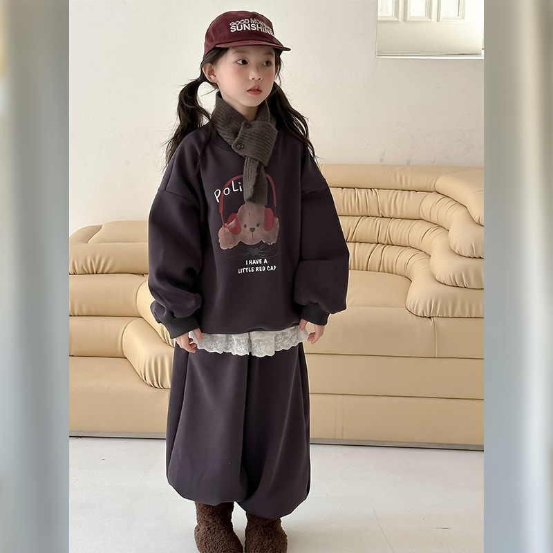 【2894】女童秋冬套装2025新款儿童卡通加绒卫衣中大童卫裤两件套