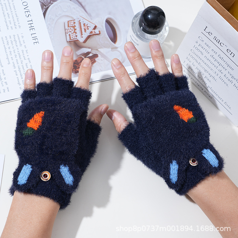 Invierno de las mujeres cálido forrado de lana engrosada estudiante escritura de moda montar lindo punto medio dedo flip guantes de dibujos animados