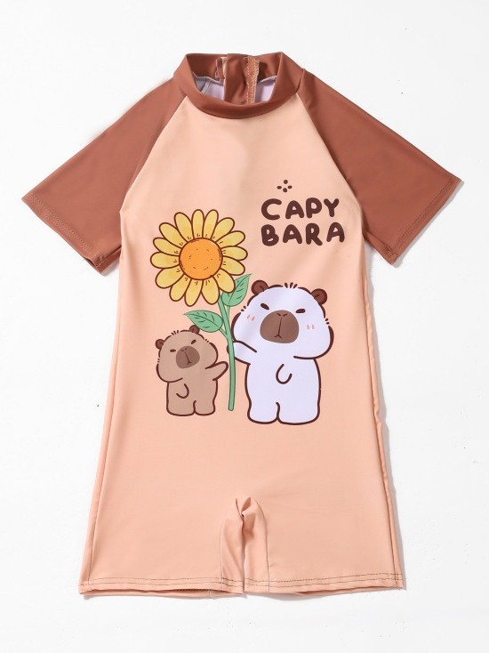 Caricatura encantadora capibara trajes de baño para niños, trajes de baño de mangas cortas para niños, trajes de baño conservadores para niños
