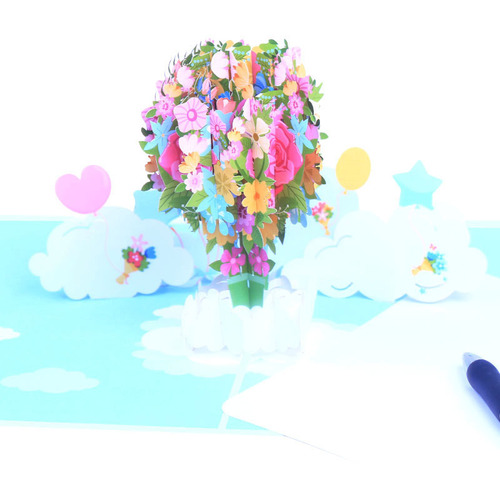 3D three-dimensional greeting card, color printed flowers, hot air balloon, birthday greeting card, creative 3D handmade paper carving, gratitude blessing message card