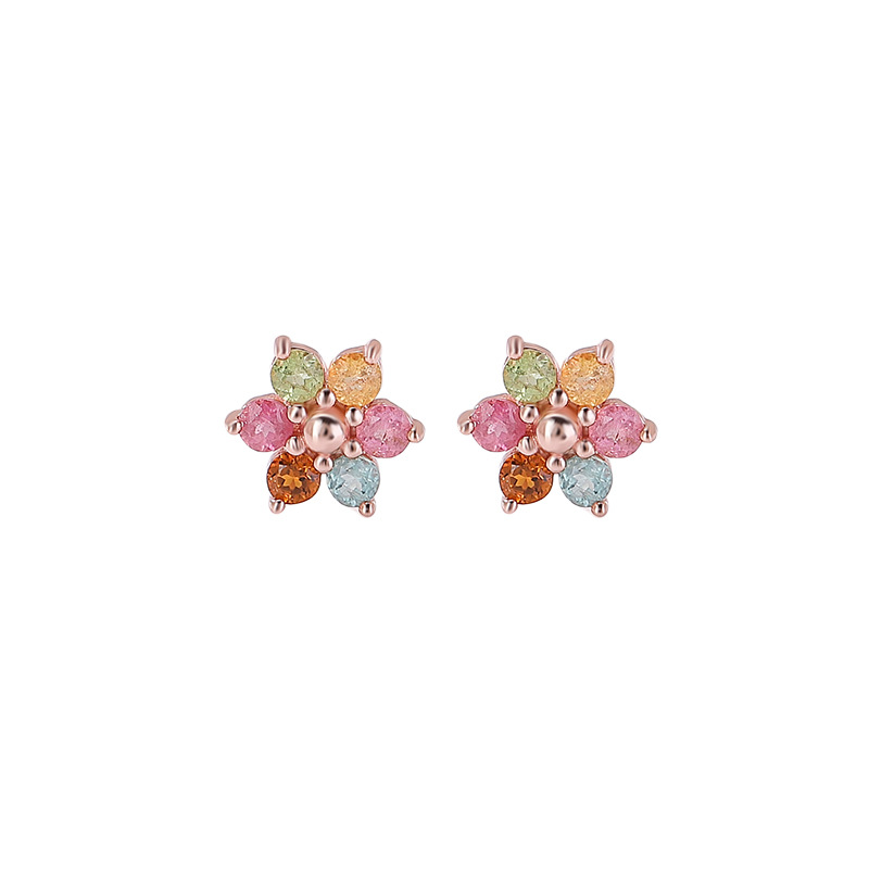 Bông tai bạc S925 mạ vàng hồng đính tourmaline hình hoa nhiều màu — Một cặp (màu sắc tourmaline là ngẫu nhiên)