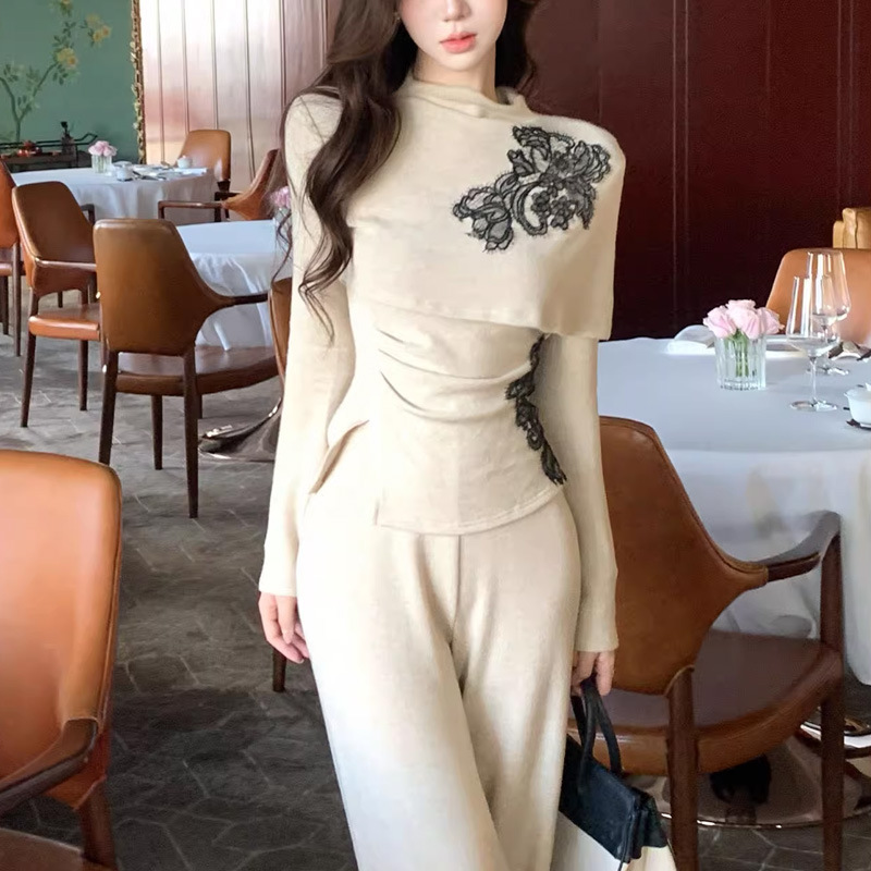 复古穿搭女2025新中式半高领长袖针织衫刺绣上衣高腰阔腿裤套装秋|undefined