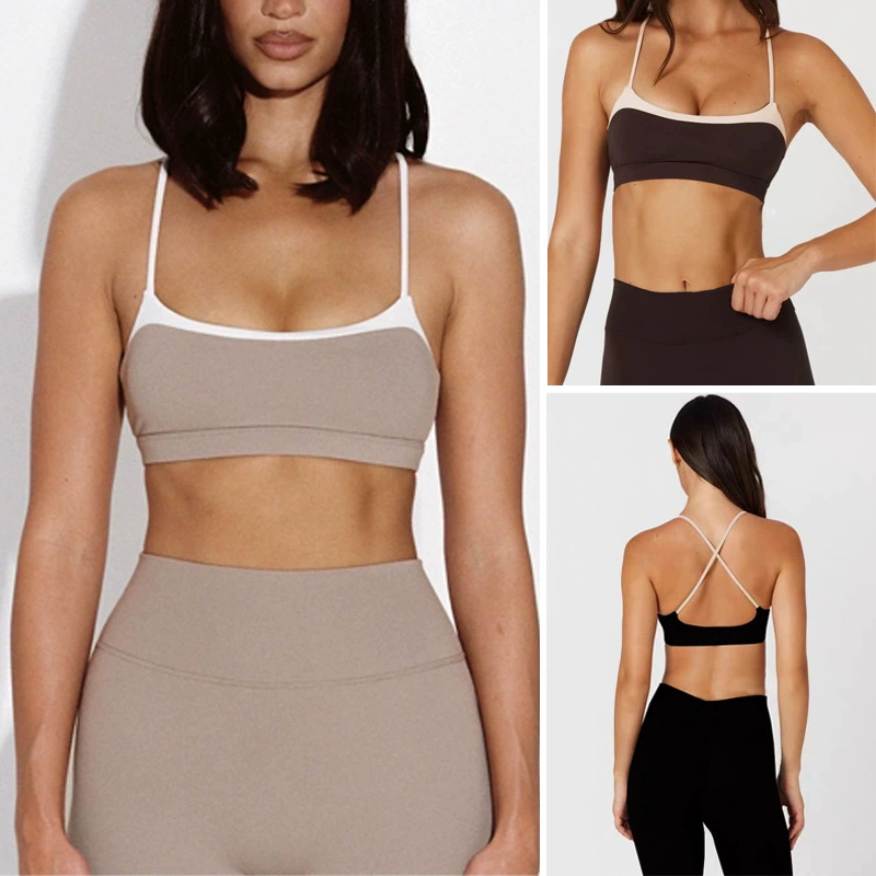 Топы с цветными блоками для внешней торговли и подушечками для груди для женщин, быстросохнущие спортивные штаны для фитнеса и йоги с высокой талией, подтягивающие ягодицы, комплект из двух предметов