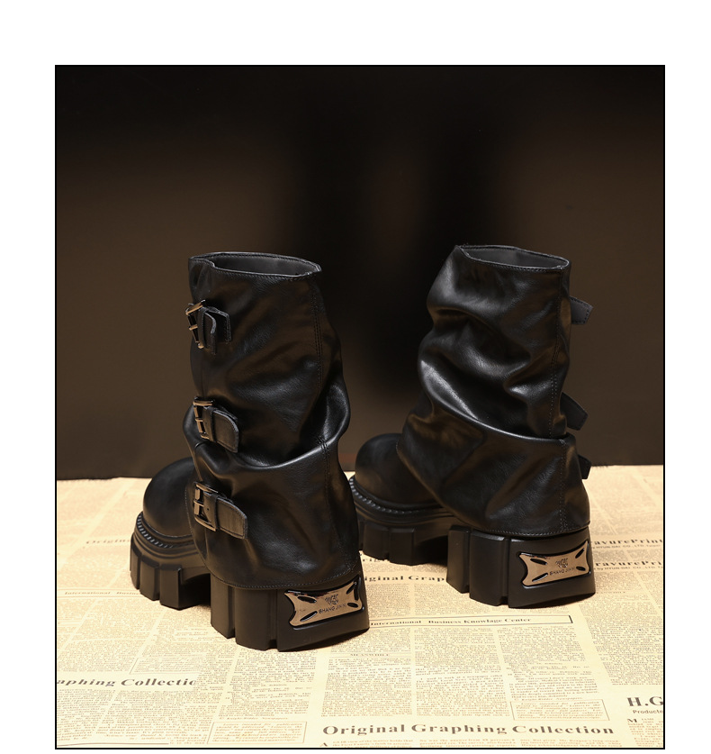 Boot nữ cổ ngắn đế dày tăng chiều cao gót 9 cm phong cách retro — nhung đen chi tiết 10